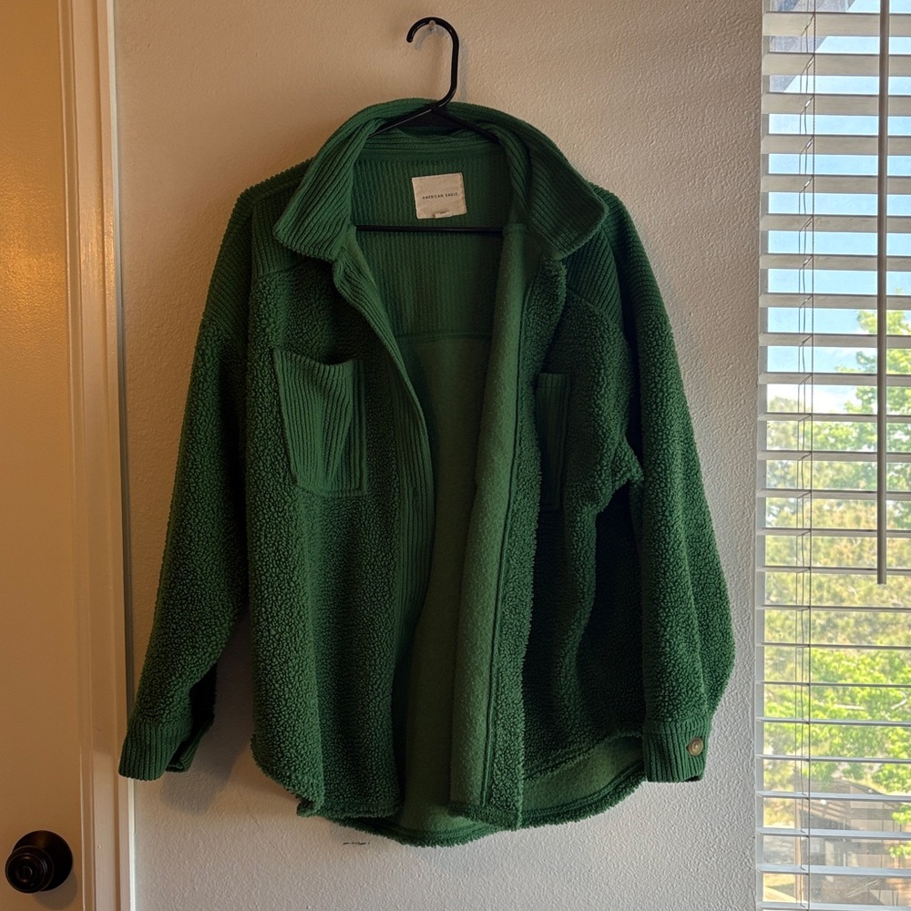 American Eagle Green Ribbed Jacket with Sherpa Texture